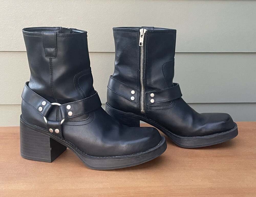 LOWER EAST SIDE Black Leather Harness Heel Moto Boots